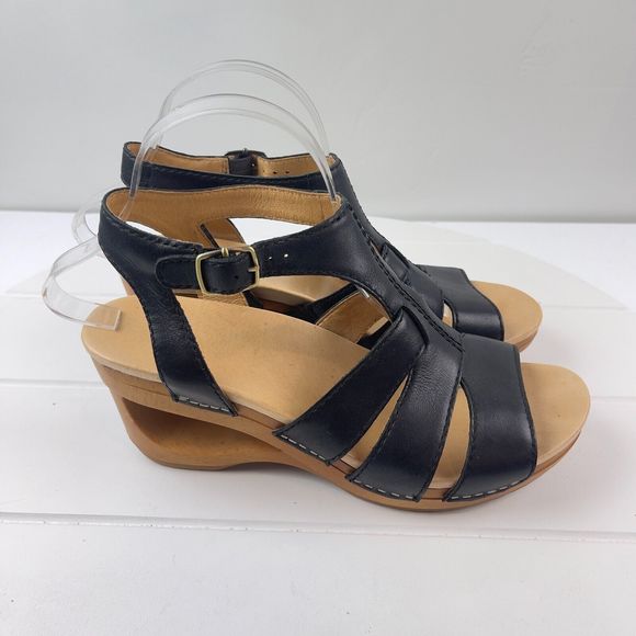 Dansko Black Leather Wedge Sandals - Picture 1 of 7